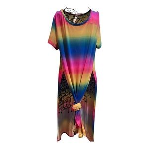 Casia Sz LG Maxi Dress Rainbow Strip Comfy Lounge Wear Beach Casual